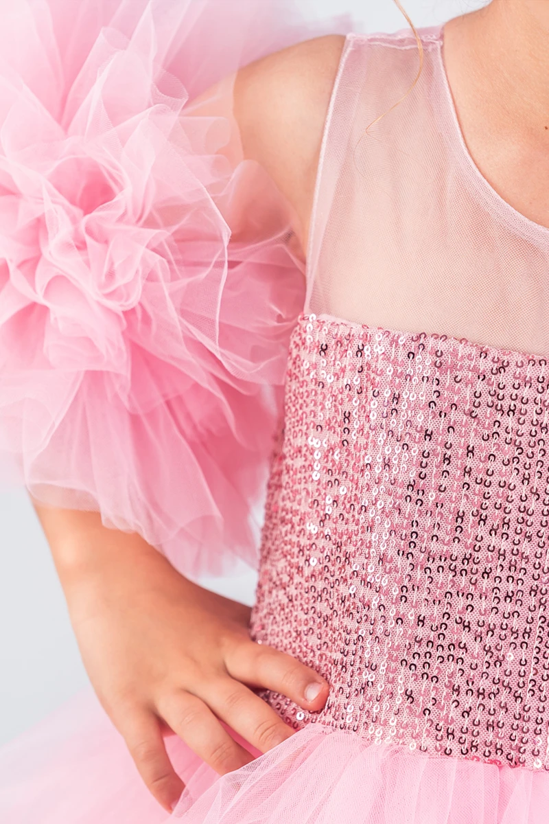 Kız Çocuk Abiye Aksesuar Seti – Ponpon Kol ve Payetli Taç – 2’li Set 🌸 - PEMBE