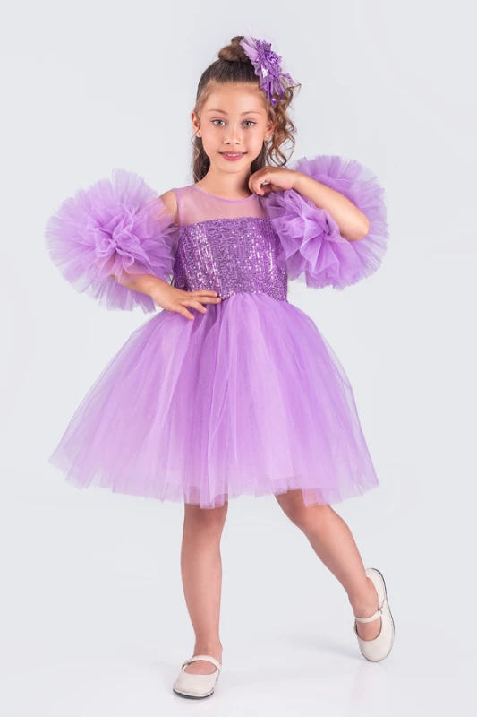 Kız Çocuk Abiye Aksesuar Seti – Ponpon Kol ve Payetli Taç – 2’li Set 🌸 - LİLA