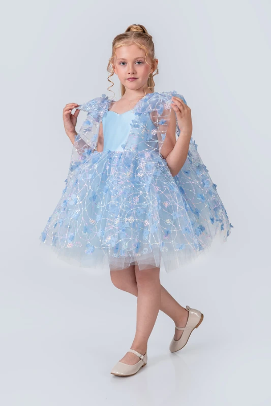 Papatya Model Kız Çocuk Abiye Elbise  - MAVİ
