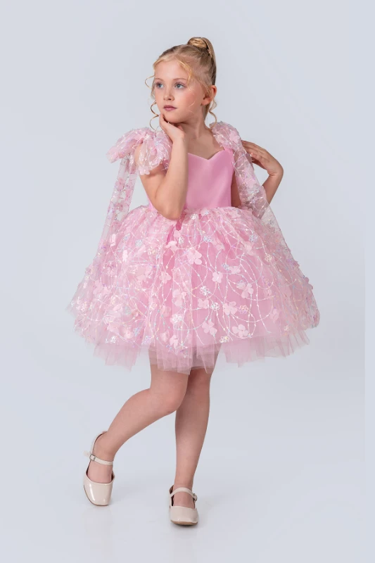 Papatya Model Kız Çocuk Abiye Elbise  - PEMBE