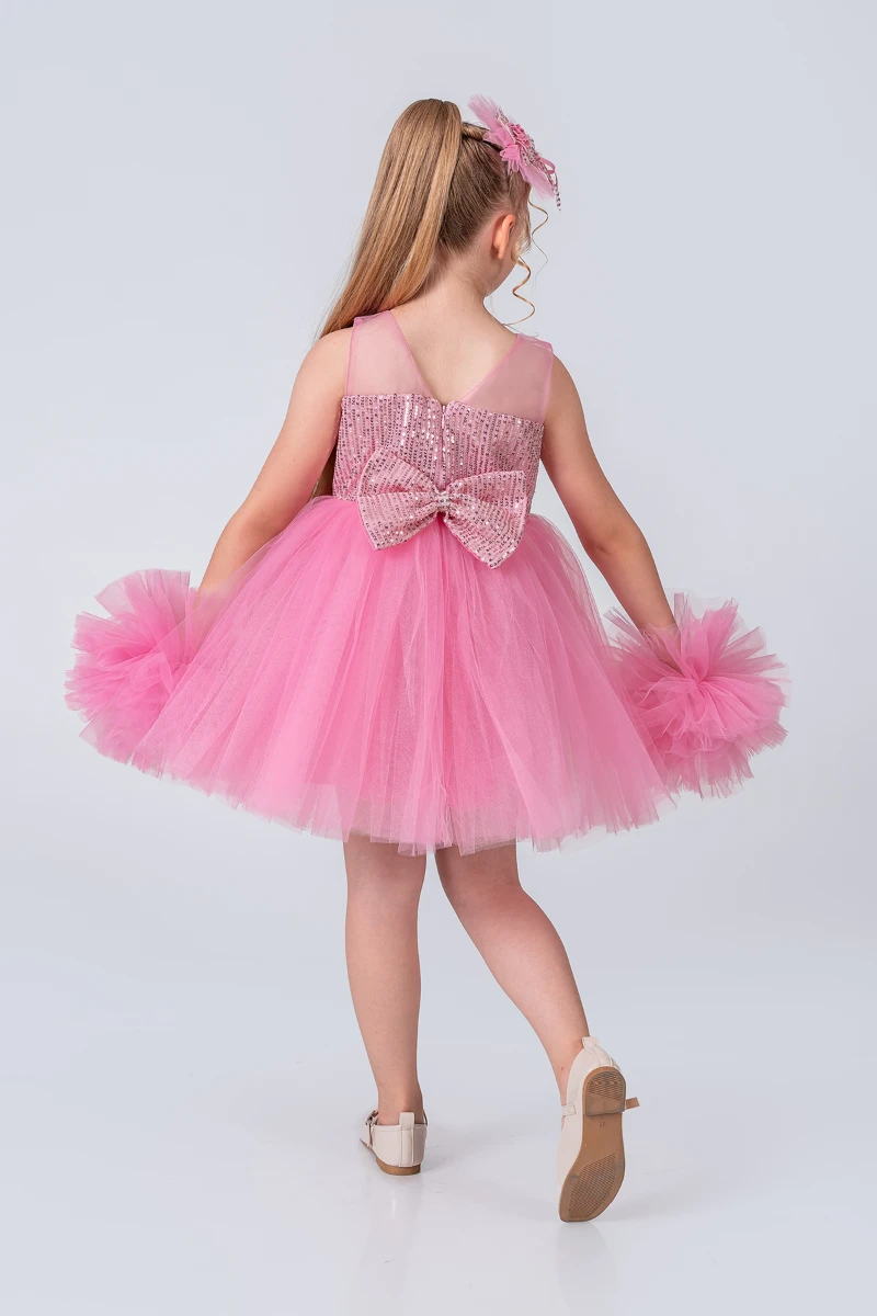 Kız Çocuk Abiye Elbise Ponpon Kol Pul Payetli Tütülü - ŞEKER PEMBE