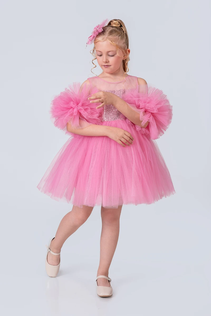 Kız Çocuk Abiye Elbise Ponpon Kol Pul Payetli Tütülü - ŞEKER PEMBE