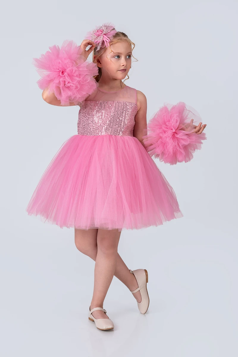 Kız Çocuk Abiye Elbise Ponpon Kol Pul Payetli Tütülü - ŞEKER PEMBE