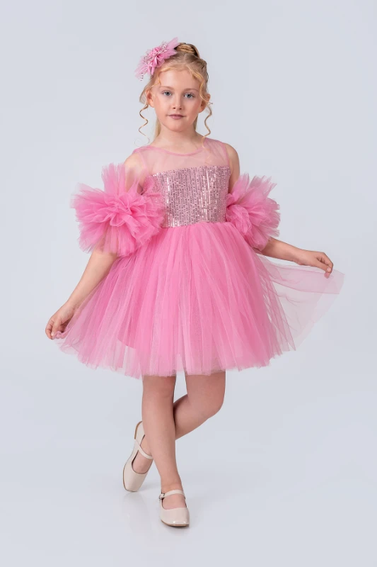 Kız Çocuk Abiye Elbise Ponpon Kol Pul Payetli Tütülü - ŞEKER PEMBE