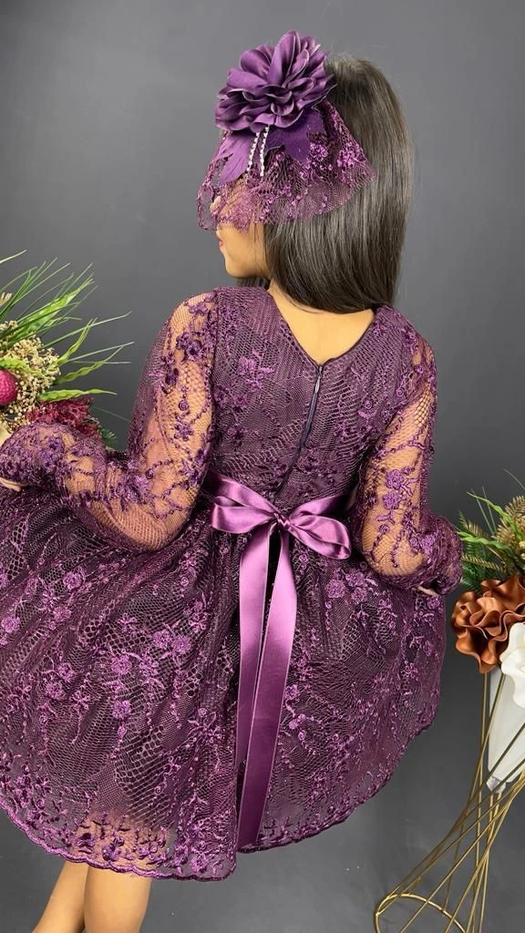 Kız Çocuk Dantelli Mürdüm Elbise - MÜRDÜM