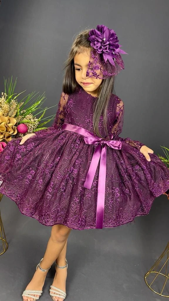 Kız Çocuk Dantelli Mürdüm Elbise - MÜRDÜM