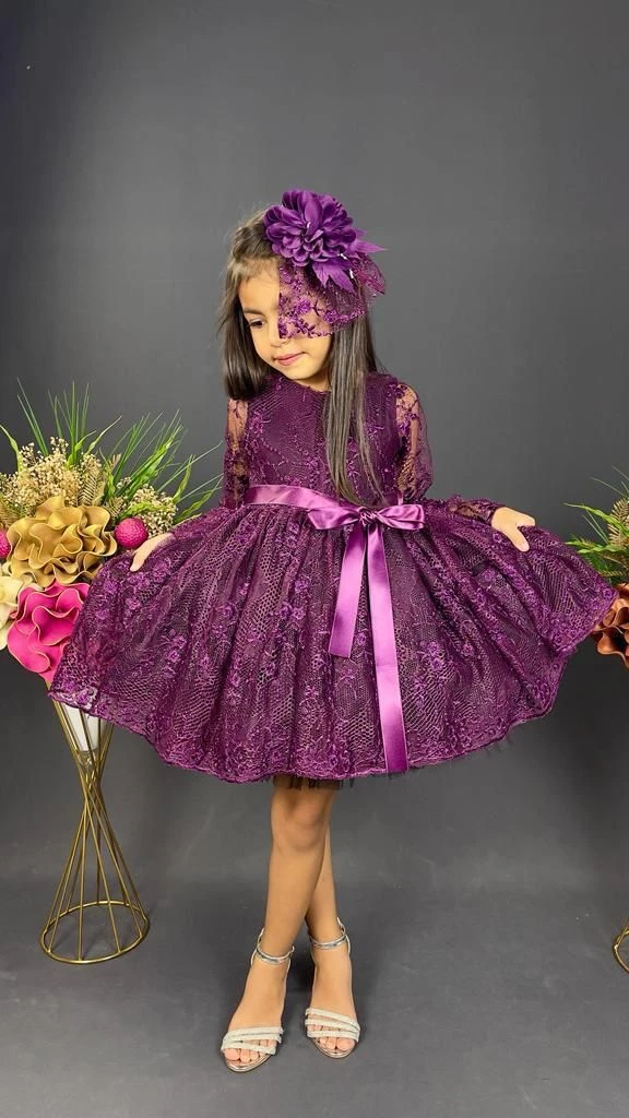 Kız Çocuk Dantelli Mürdüm Elbise - MÜRDÜM