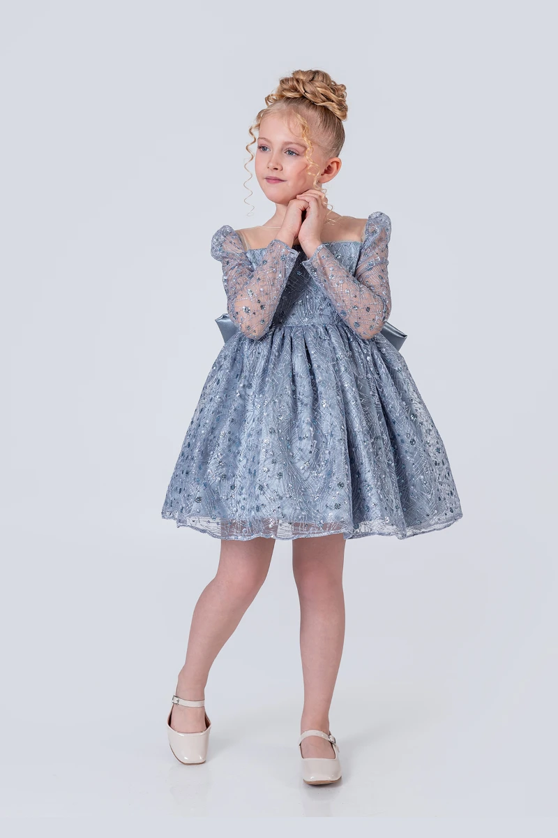 Kız Çocuk Abiye Elbise Payetli Tül Kabarık Model 3-12 Yaş - MAVİ