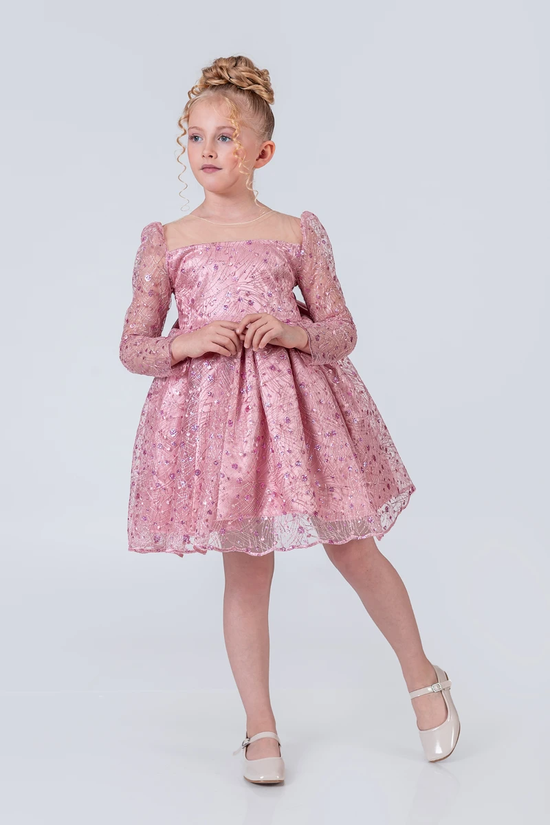 Kız Çocuk Abiye Elbise Payetli Tül Kabarık Model 3-12 Yaş - PUDRA