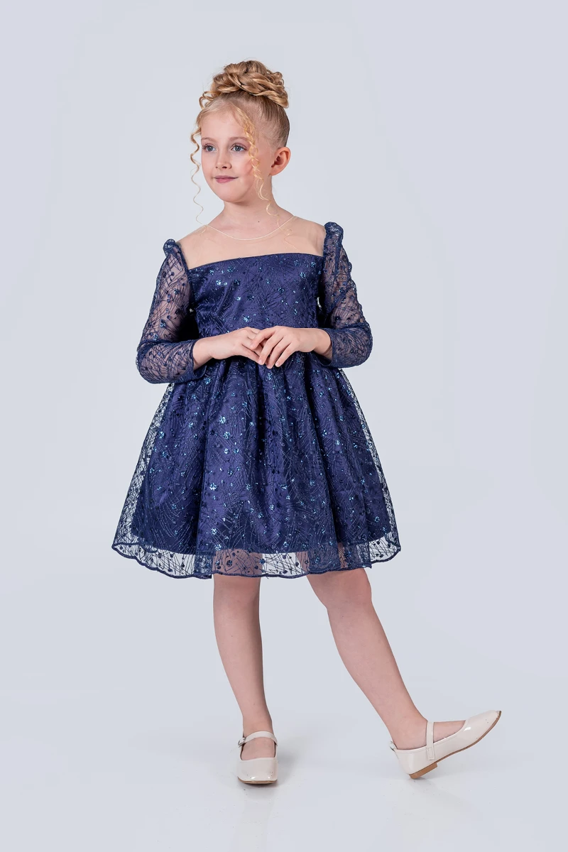Kız Çocuk Abiye Elbise Payetli Tül Kabarık Model 3-12 Yaş - LACİVERT