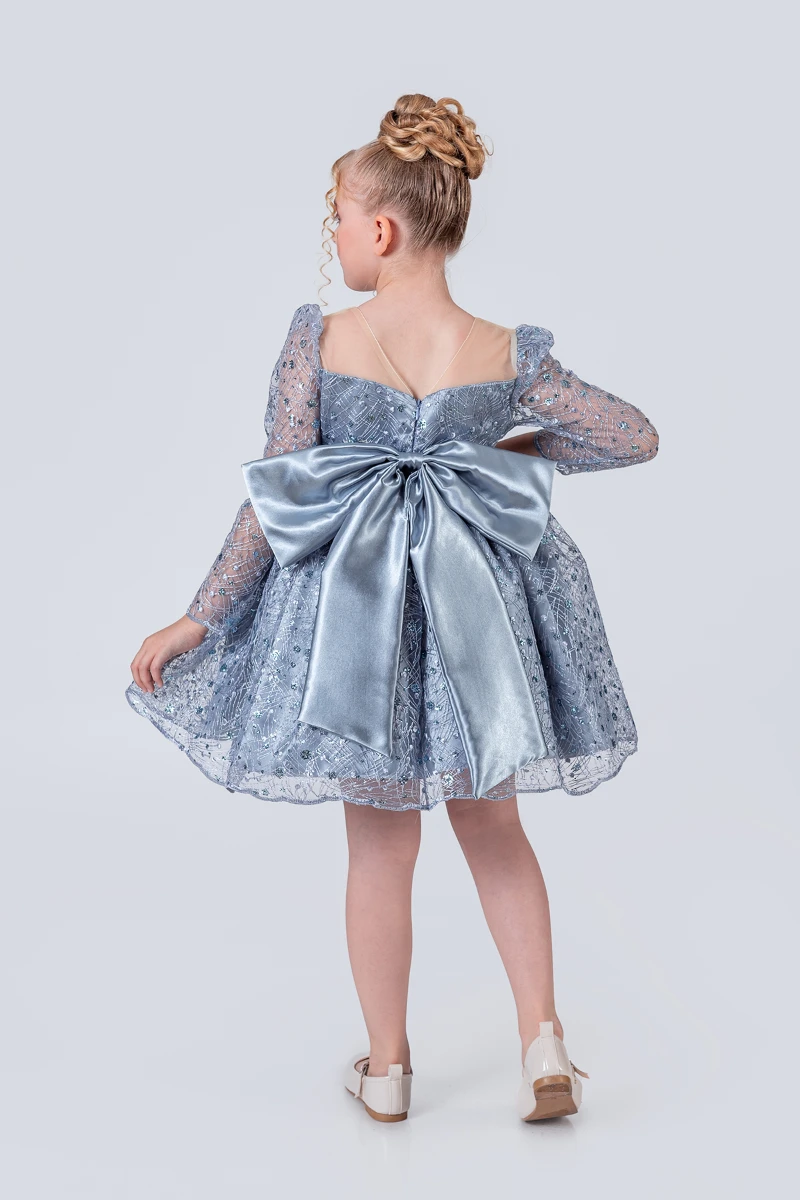 Kız Çocuk Abiye Elbise Payetli Tül Kabarık Model 3-12 Yaş - MAVİ