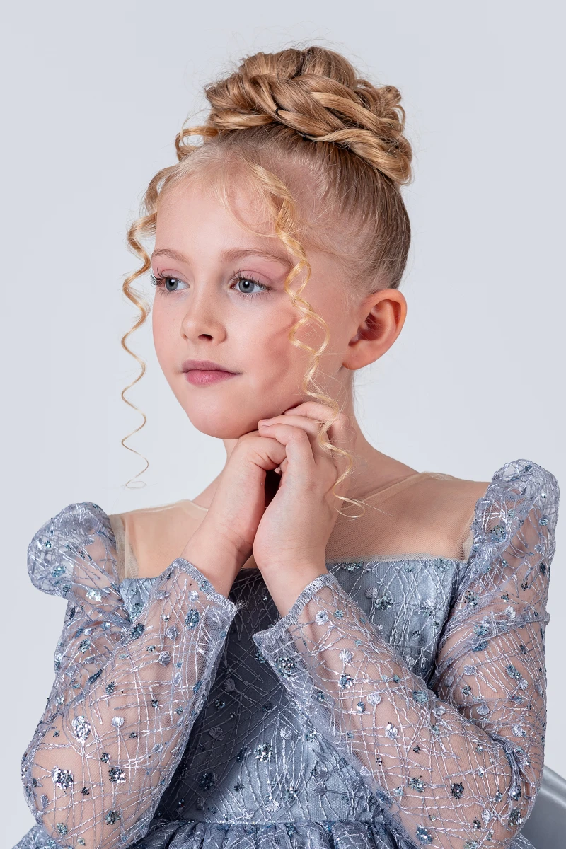 Kız Çocuk Abiye Elbise Payetli Tül Kabarık Model 3-12 Yaş - MAVİ