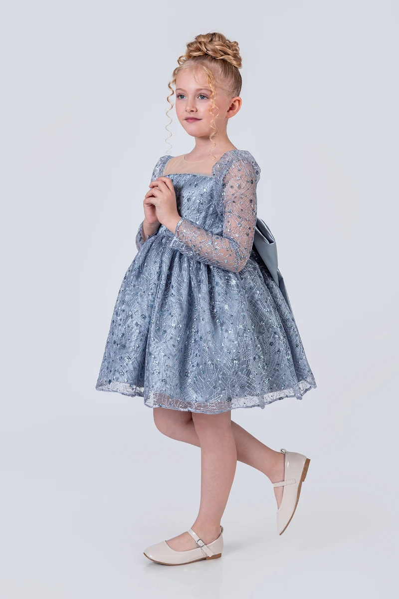 Kız Çocuk Abiye Elbise Payetli Tül Kabarık Model 3-12 Yaş - MAVİ