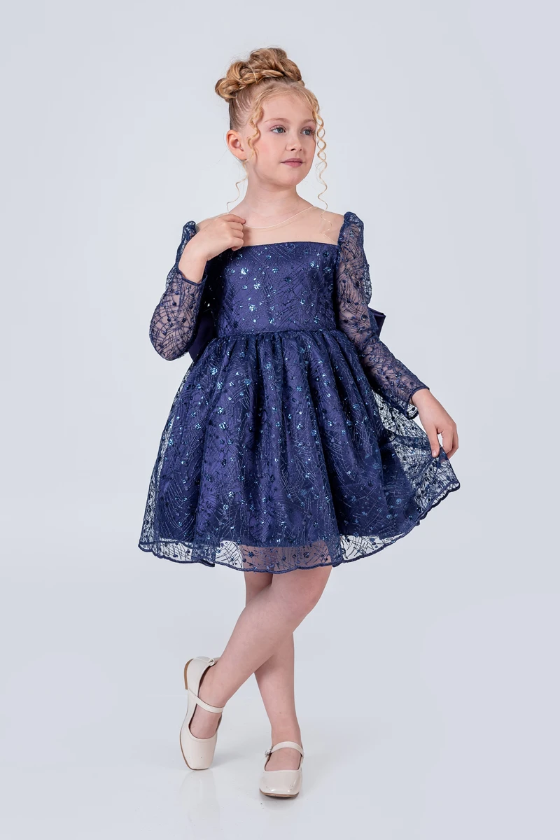Kız Çocuk Abiye Elbise Payetli Tül Kabarık Model 3-12 Yaş - LACİVERT