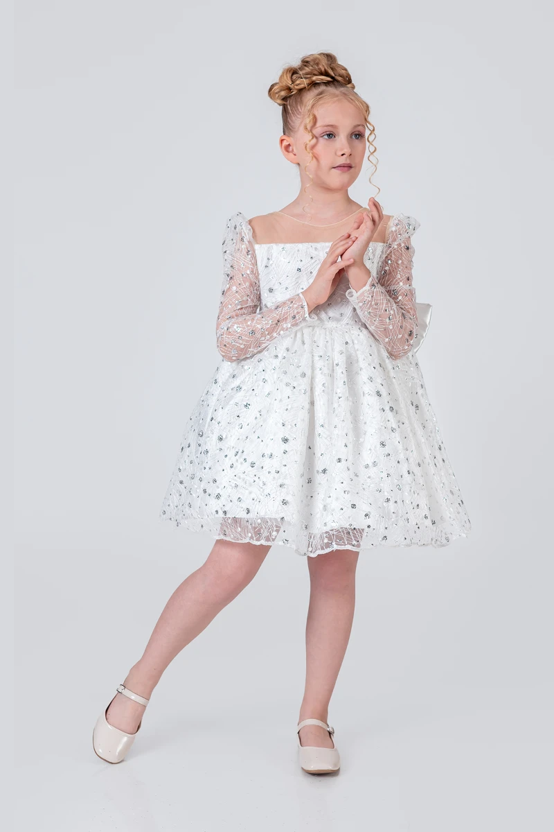 Kız Çocuk Abiye Elbise Payetli Tül Kabarık Model 3-12 Yaş - BEYAZ