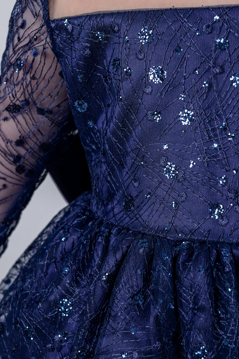 Kız Çocuk Abiye Elbise Payetli Tül Kabarık Model 3-12 Yaş - LACİVERT