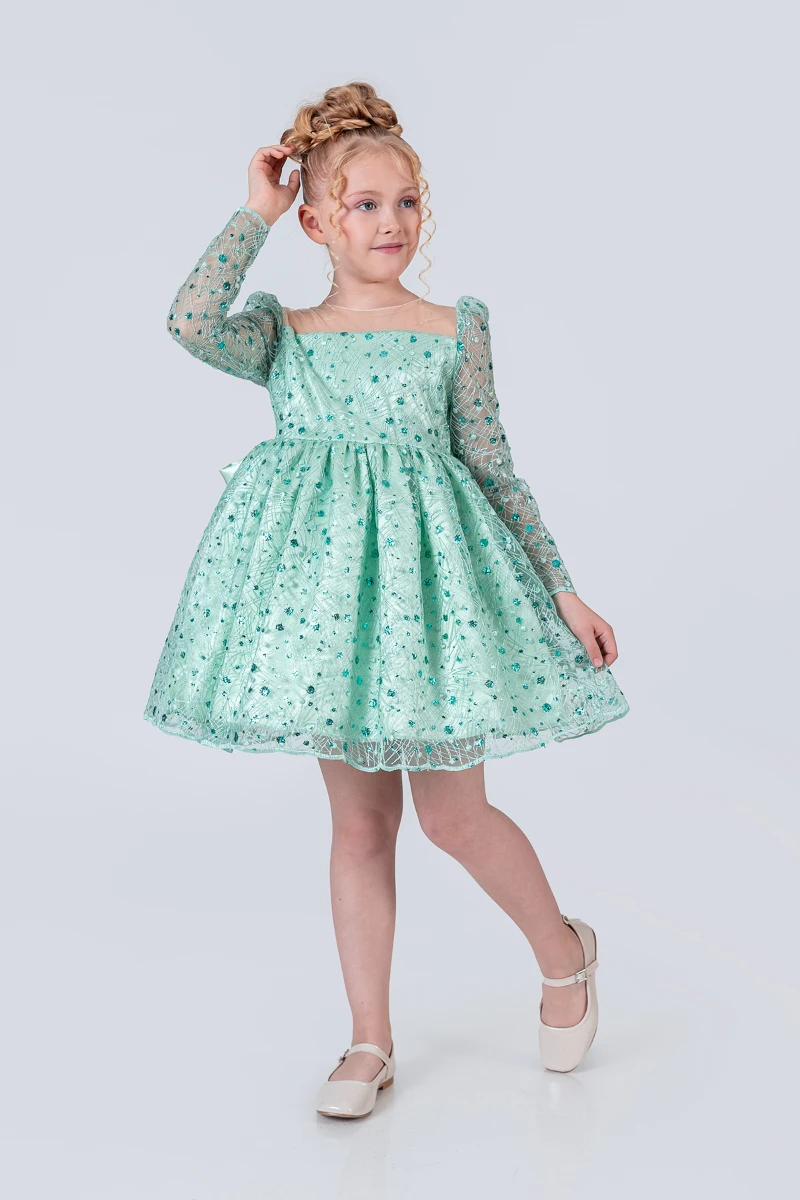 Kız Çocuk Abiye Elbise Payetli Tül Kabarık Model 3-12 Yaş - YEŞİL