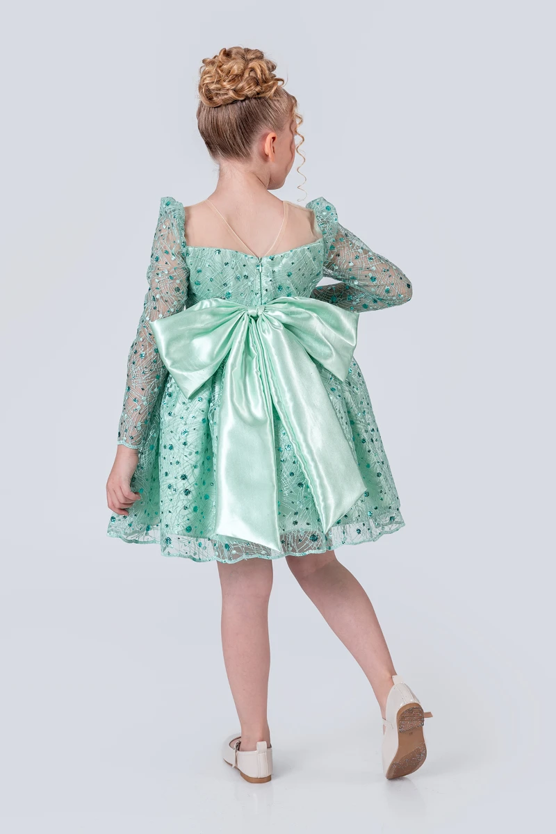 Kız Çocuk Abiye Elbise Payetli Tül Kabarık Model 3-12 Yaş - YEŞİL