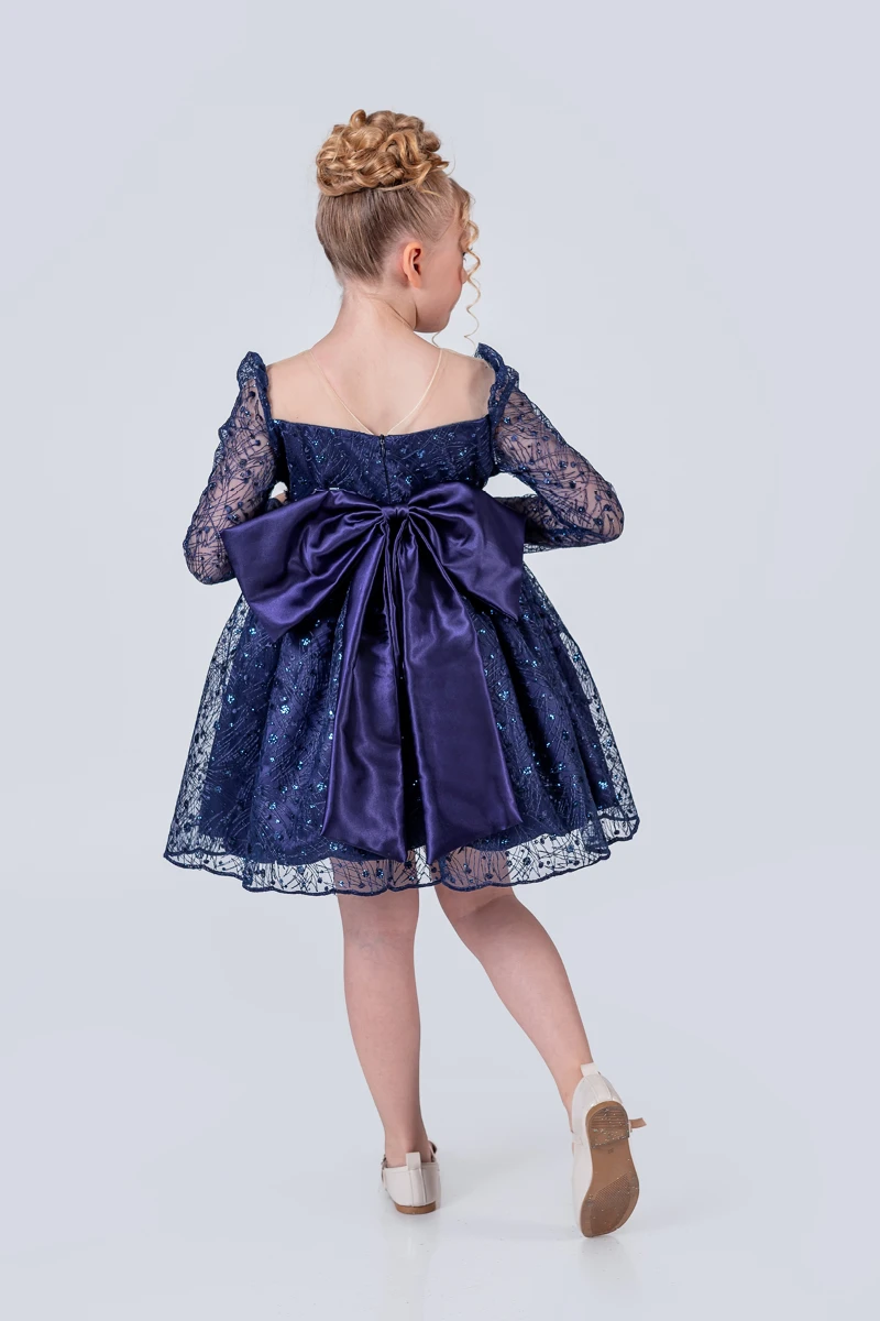 Kız Çocuk Abiye Elbise Payetli Tül Kabarık Model 3-12 Yaş - LACİVERT