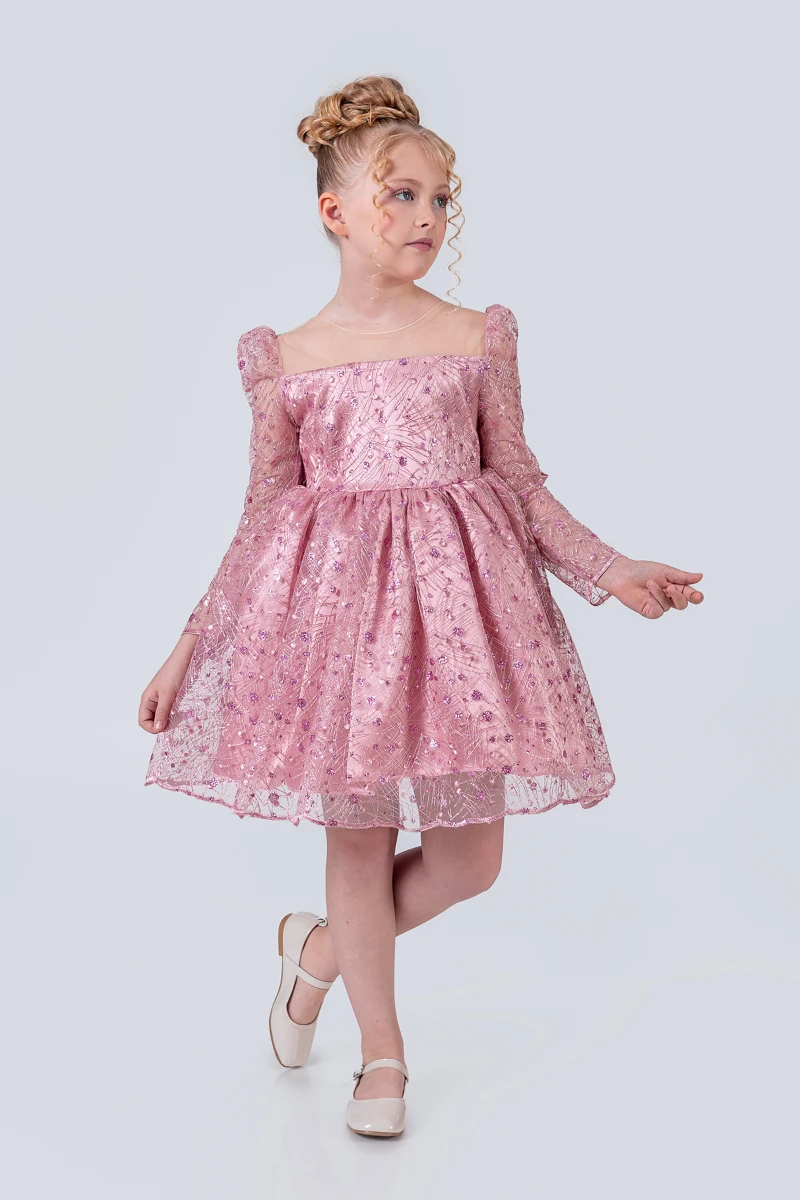 Kız Çocuk Abiye Elbise Payetli Tül Kabarık Model 3-12 Yaş - PUDRA