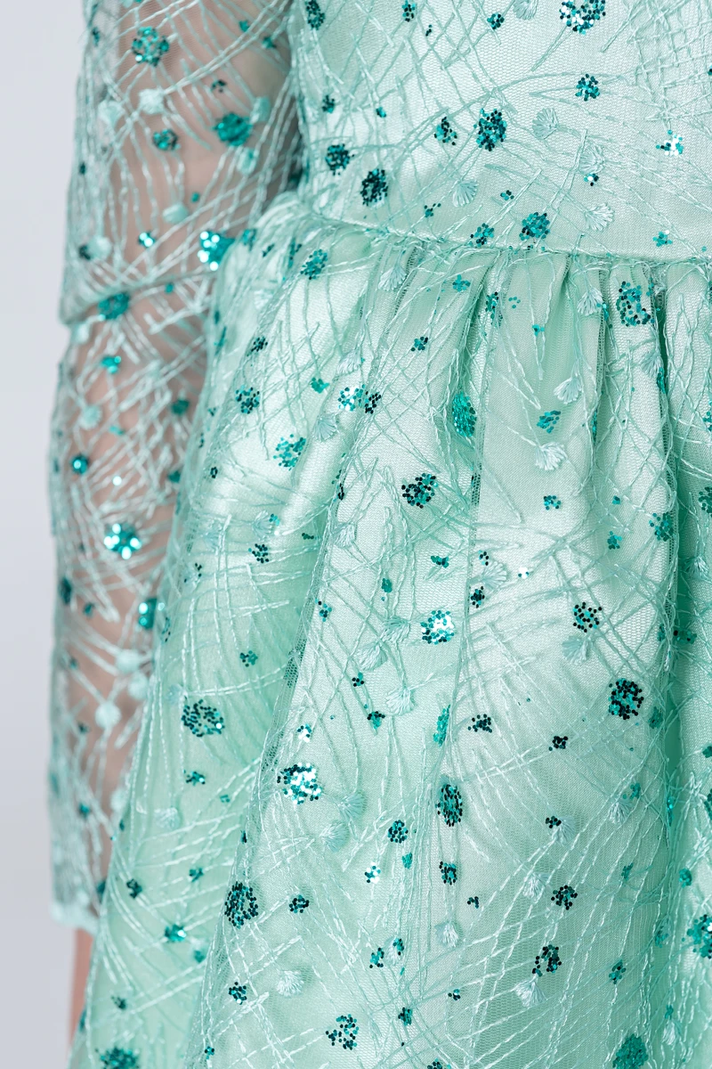 Kız Çocuk Abiye Elbise Payetli Tül Kabarık Model 3-12 Yaş - YEŞİL