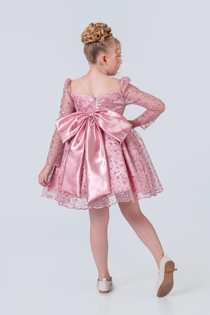Kız Çocuk Abiye Elbise Payetli Tül Kabarık Model 3-12 Yaş - PUDRA