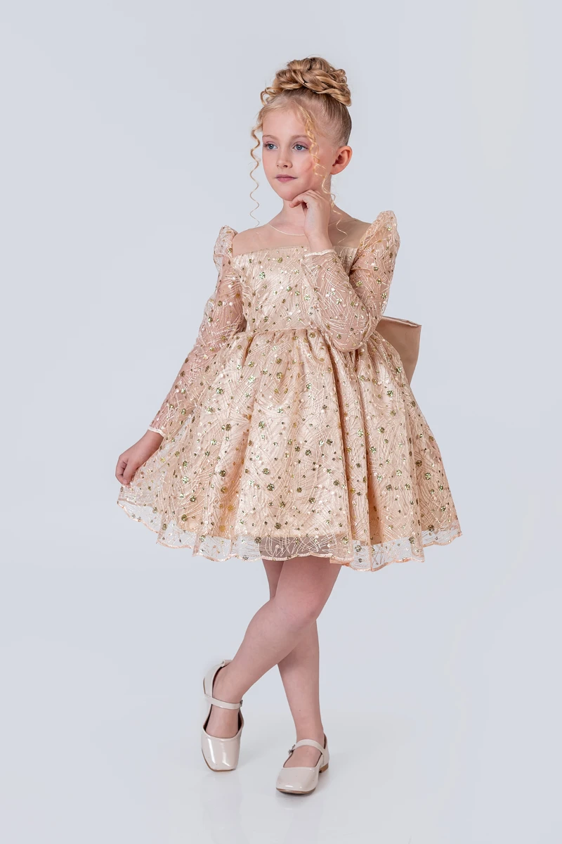 Kız Çocuk Abiye Elbise Payetli Tül Kabarık Model 3-12 Yaş - BEJ