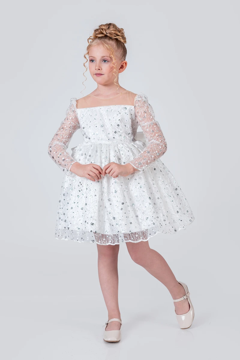Kız Çocuk Abiye Elbise Payetli Tül Kabarık Model 3-12 Yaş - BEYAZ