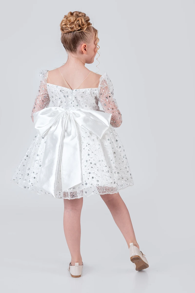 Kız Çocuk Abiye Elbise Payetli Tül Kabarık Model 3-12 Yaş - BEYAZ