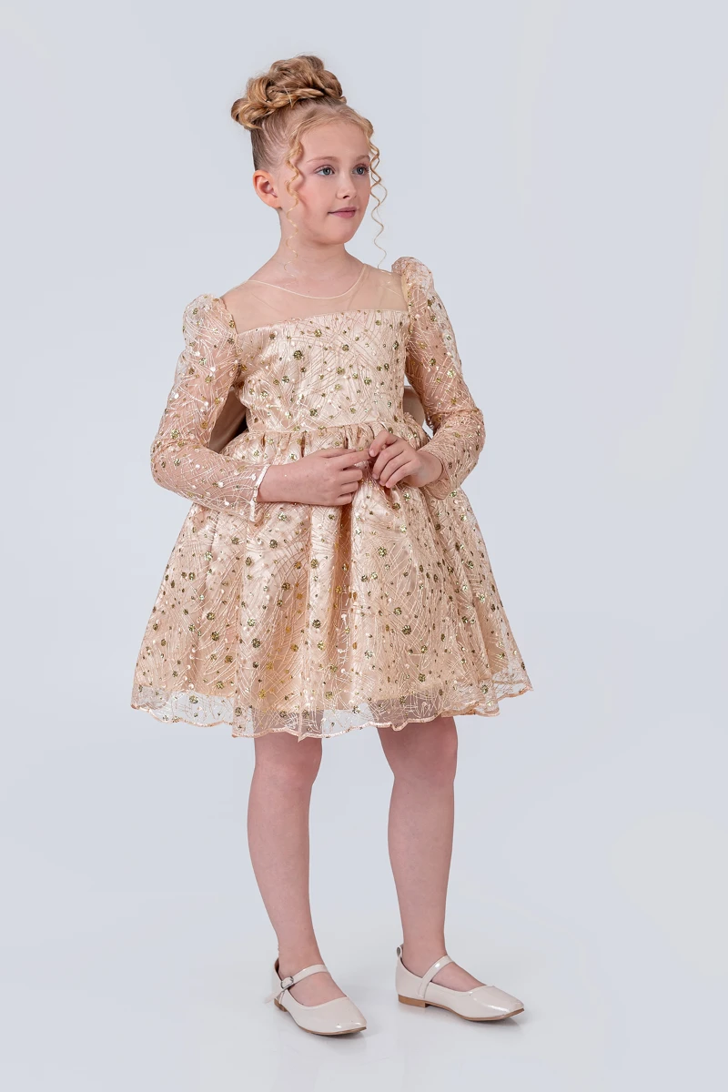 Kız Çocuk Abiye Elbise Payetli Tül Kabarık Model 3-12 Yaş - BEJ