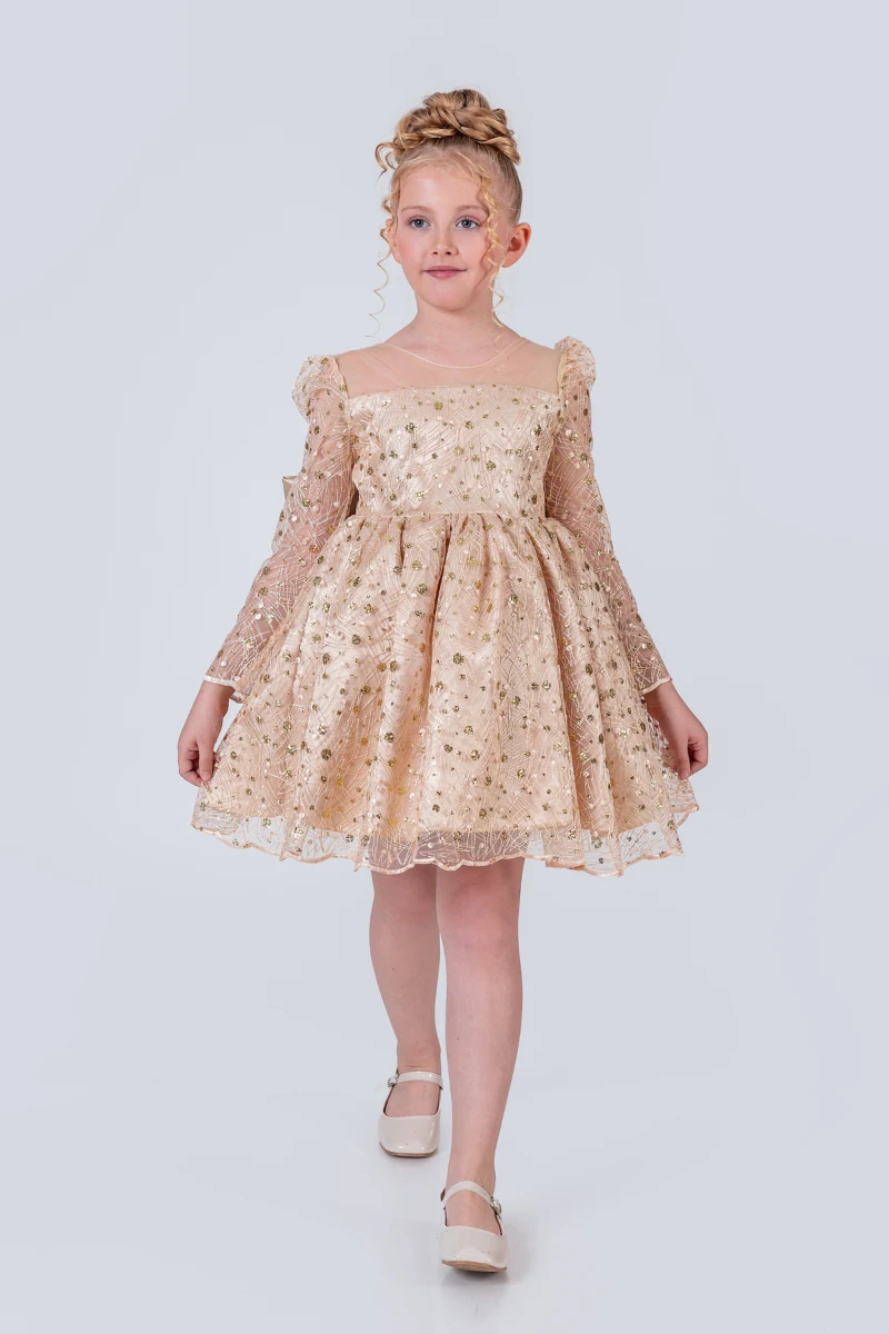 Kız Çocuk Abiye Elbise Payetli Tül Kabarık Model 3-12 Yaş - BEJ