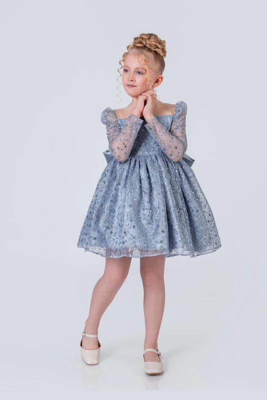 Kız Çocuk Abiye Elbise Payetli Tül Kabarık Model 3-12 Yaş - MAVİ