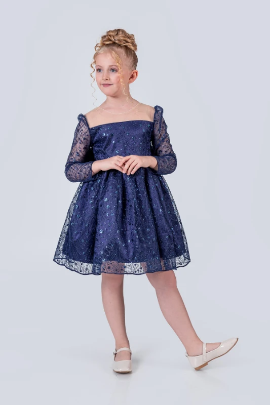 Kız Çocuk Abiye Elbise Payetli Tül Kabarık Model 3-12 Yaş - LACİVERT
