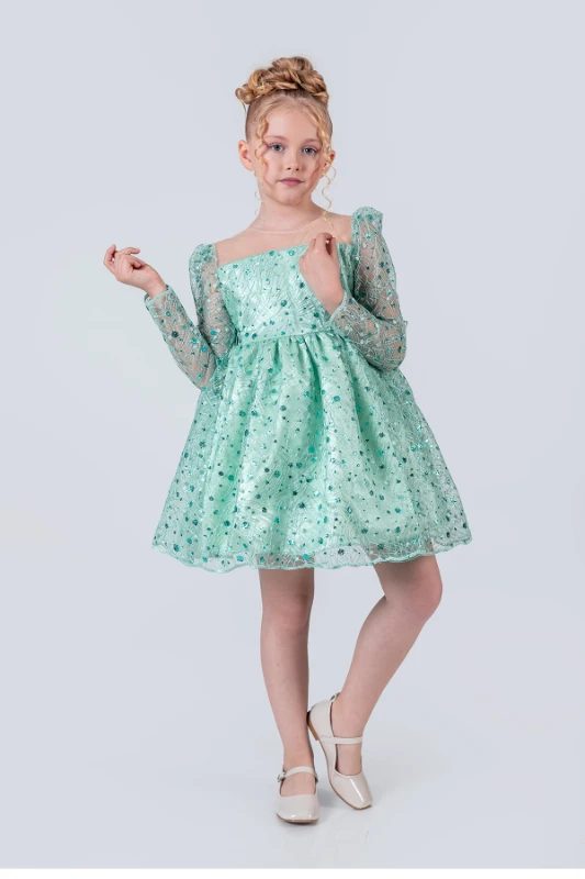 Kız Çocuk Abiye Elbise Payetli Tül Kabarık Model 3-12 Yaş - YEŞİL