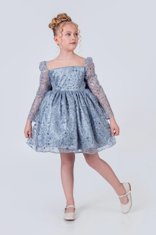 Kız Çocuk Abiye Elbise Payetli Tül Kabarık Model 3-12 Yaş - MAVİ