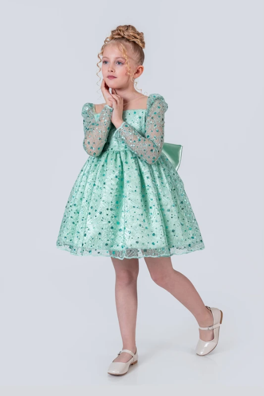Kız Çocuk Abiye Elbise Payetli Tül Kabarık Model 3-12 Yaş - YEŞİL
