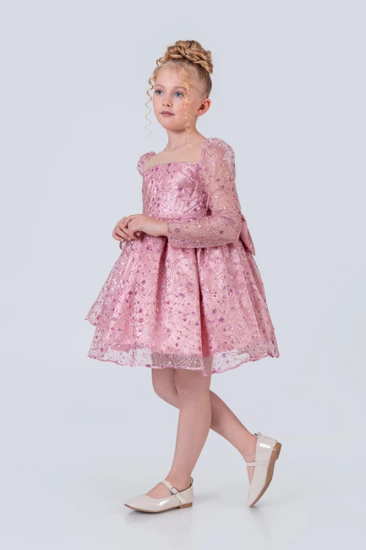 Kız Çocuk Abiye Elbise Payetli Tül Kabarık Model 3-12 Yaş - PUDRA