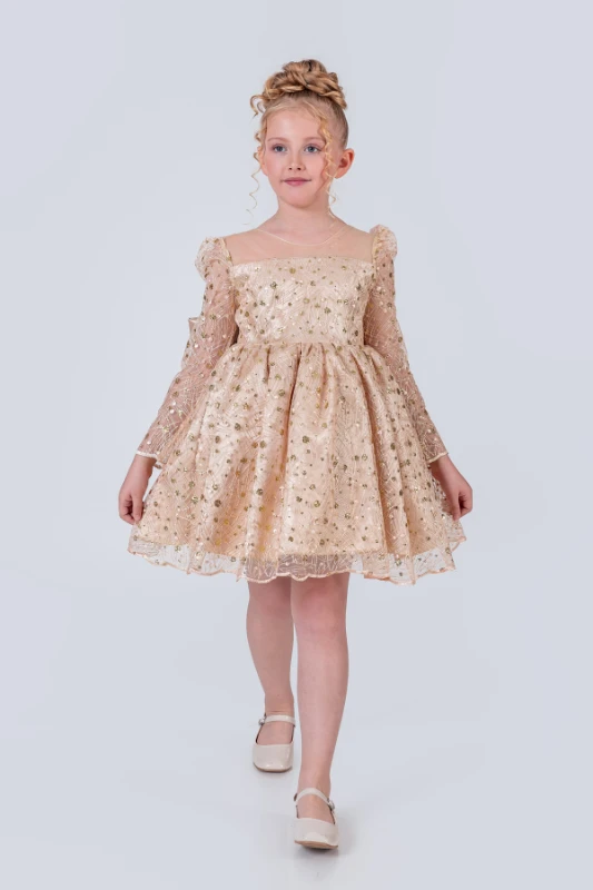 Kız Çocuk Abiye Elbise Payetli Tül Kabarık Model 3-12 Yaş - BEJ