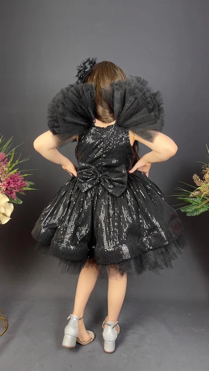 Kız Çocuk Payetli Tül Abiye Elbise Kabarık Model 6-10 Yaş - SİYAH