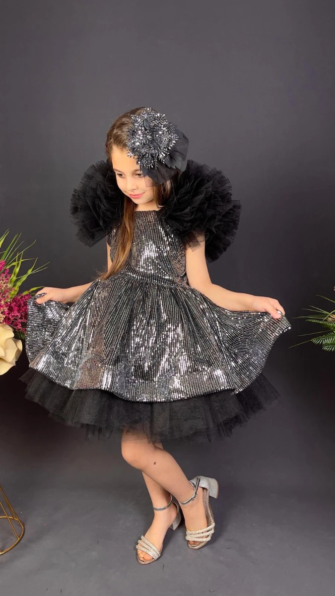 Kız Çocuk Payetli Tül Abiye Elbise Kabarık Model 6-10 Yaş - SİYAH GRİ