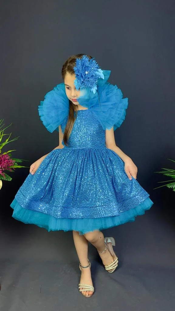 Kız Çocuk Payetli Tül Abiye Elbise Kabarık Model 6-10 Yaş - MAVİ