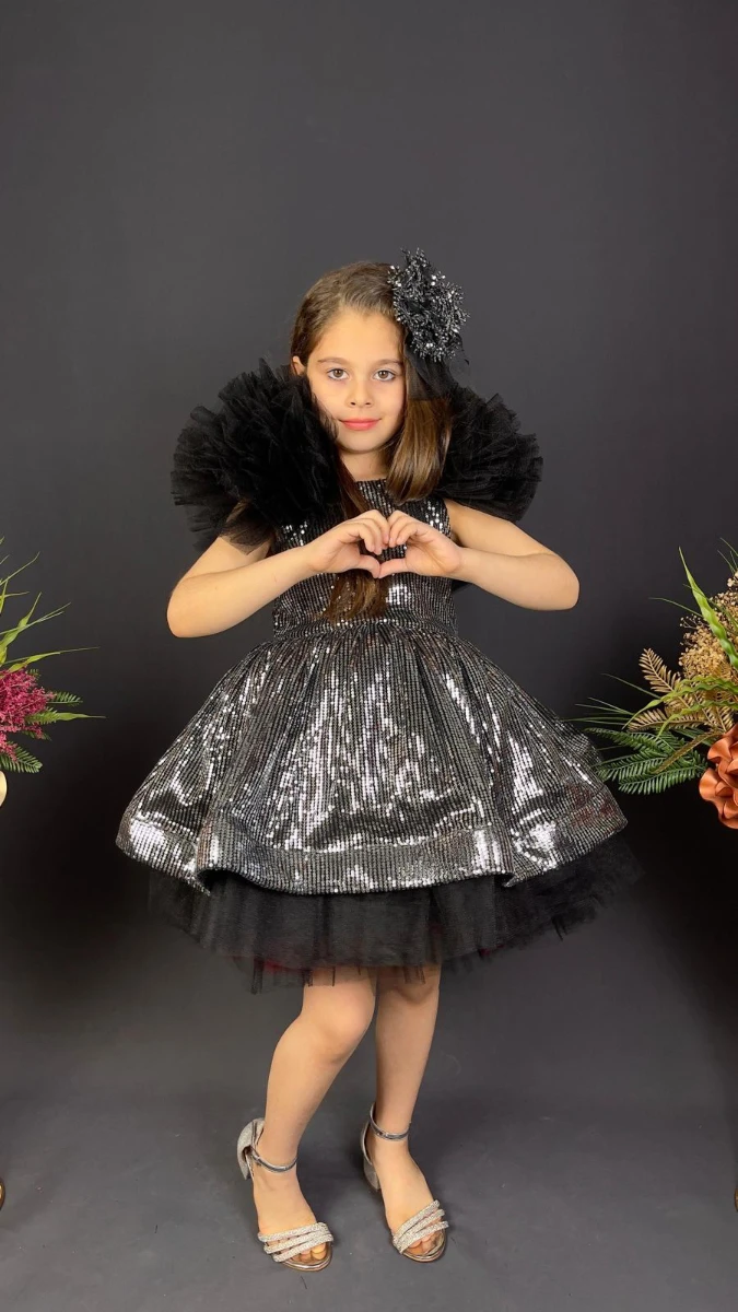 Kız Çocuk Payetli Tül Abiye Elbise Kabarık Model 6-10 Yaş - SİYAH GRİ