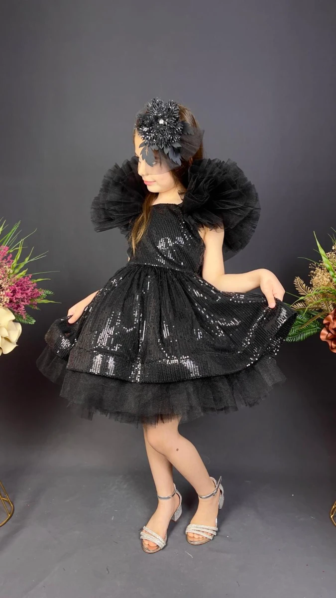 Kız Çocuk Payetli Tül Abiye Elbise Kabarık Model 6-10 Yaş - SİYAH