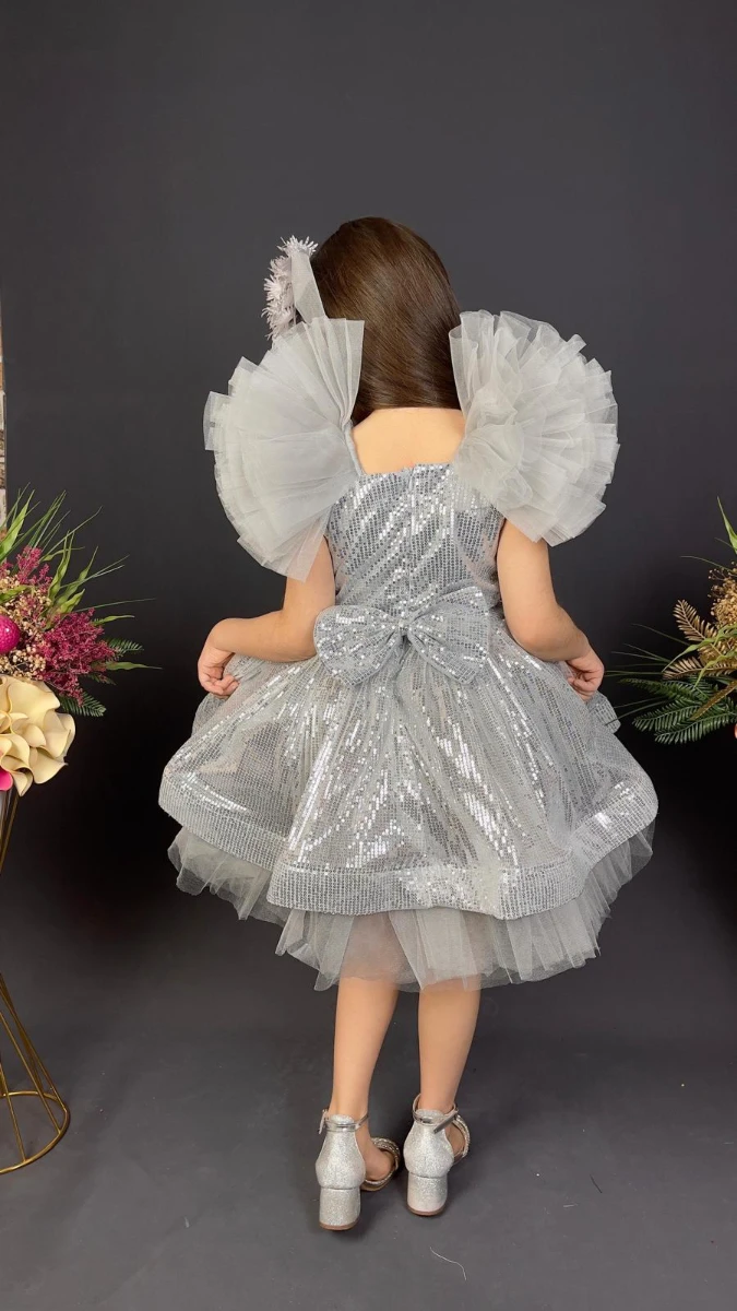 Kız Çocuk Payetli Tül Abiye Elbise Kabarık Model 6-10 Yaş - GRİ