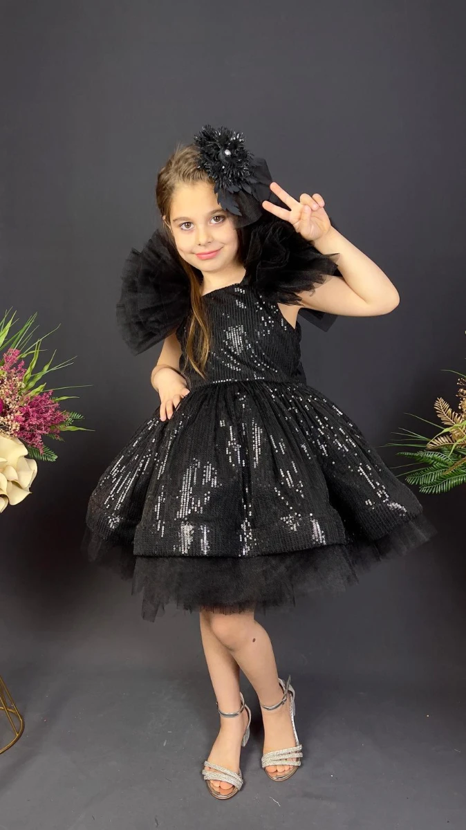 Kız Çocuk Payetli Tül Abiye Elbise Kabarık Model 6-10 Yaş - SİYAH