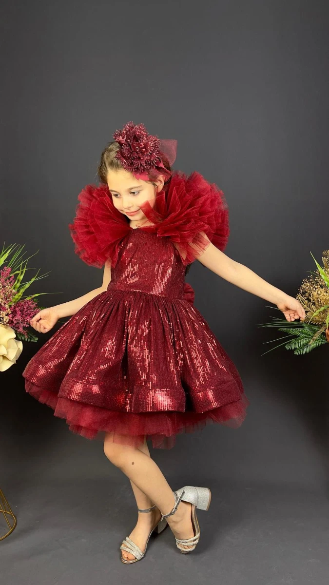 Kız Çocuk Payetli Tül Abiye Elbise Kabarık Model 6-10 Yaş - KIRMIZI