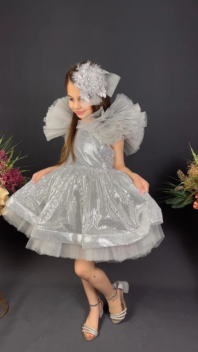 Kız Çocuk Payetli Tül Abiye Elbise Kabarık Model 6-10 Yaş - GRİ