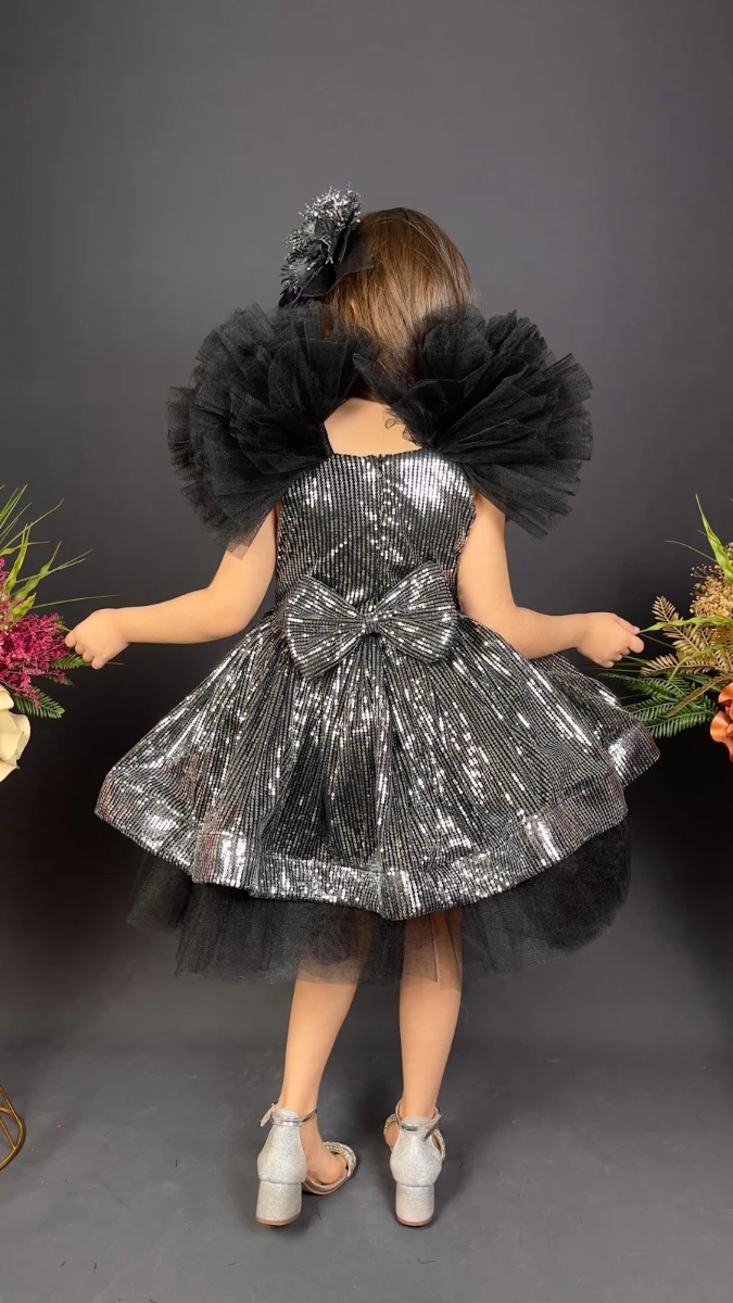 Kız Çocuk Payetli Tül Abiye Elbise Kabarık Model 6-10 Yaş - SİYAH GRİ