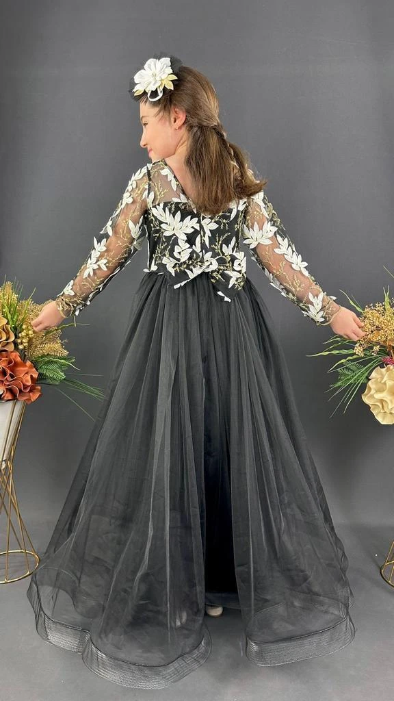 Kız Çocuk Uzun Tül Abiye Elbise Nakışlı Model 6-14 Yaş - SİYAH BEYAZ