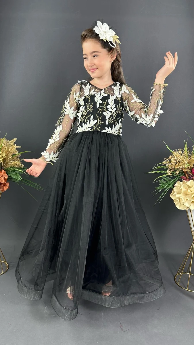 Kız Çocuk Uzun Tül Abiye Elbise Nakışlı Model 6-14 Yaş - SİYAH BEYAZ